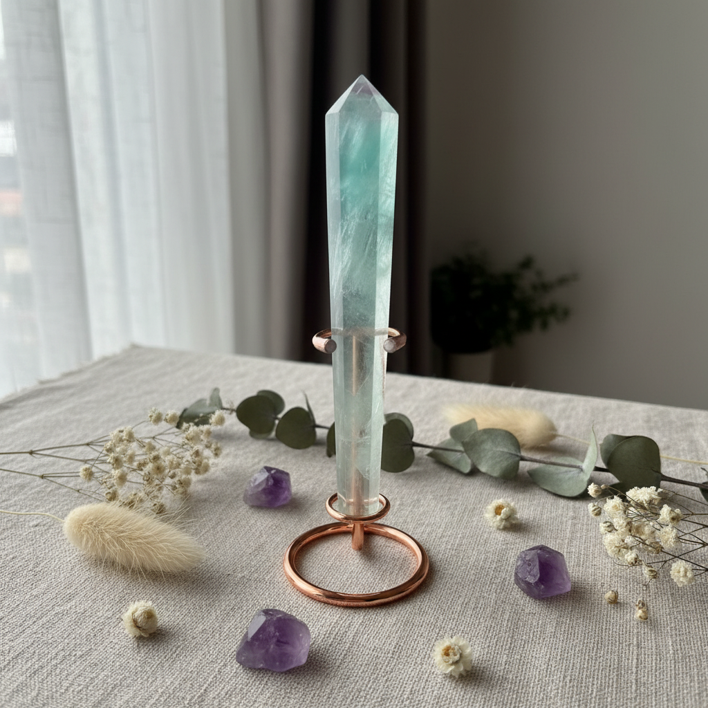 Torre di Fluorite con Base in Rame - lifestyle su lino
