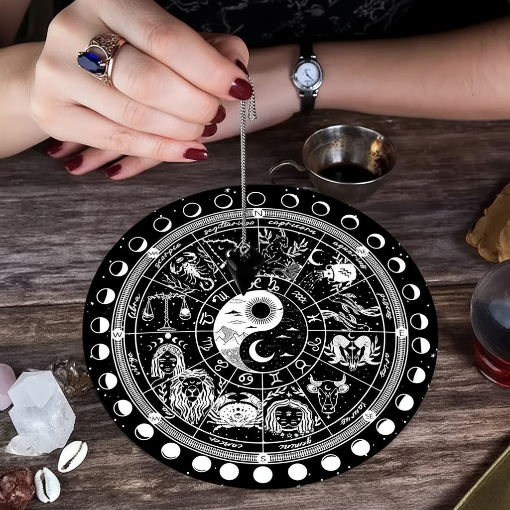 Mani con pendolo ossidiana sul tappetino zodiacale