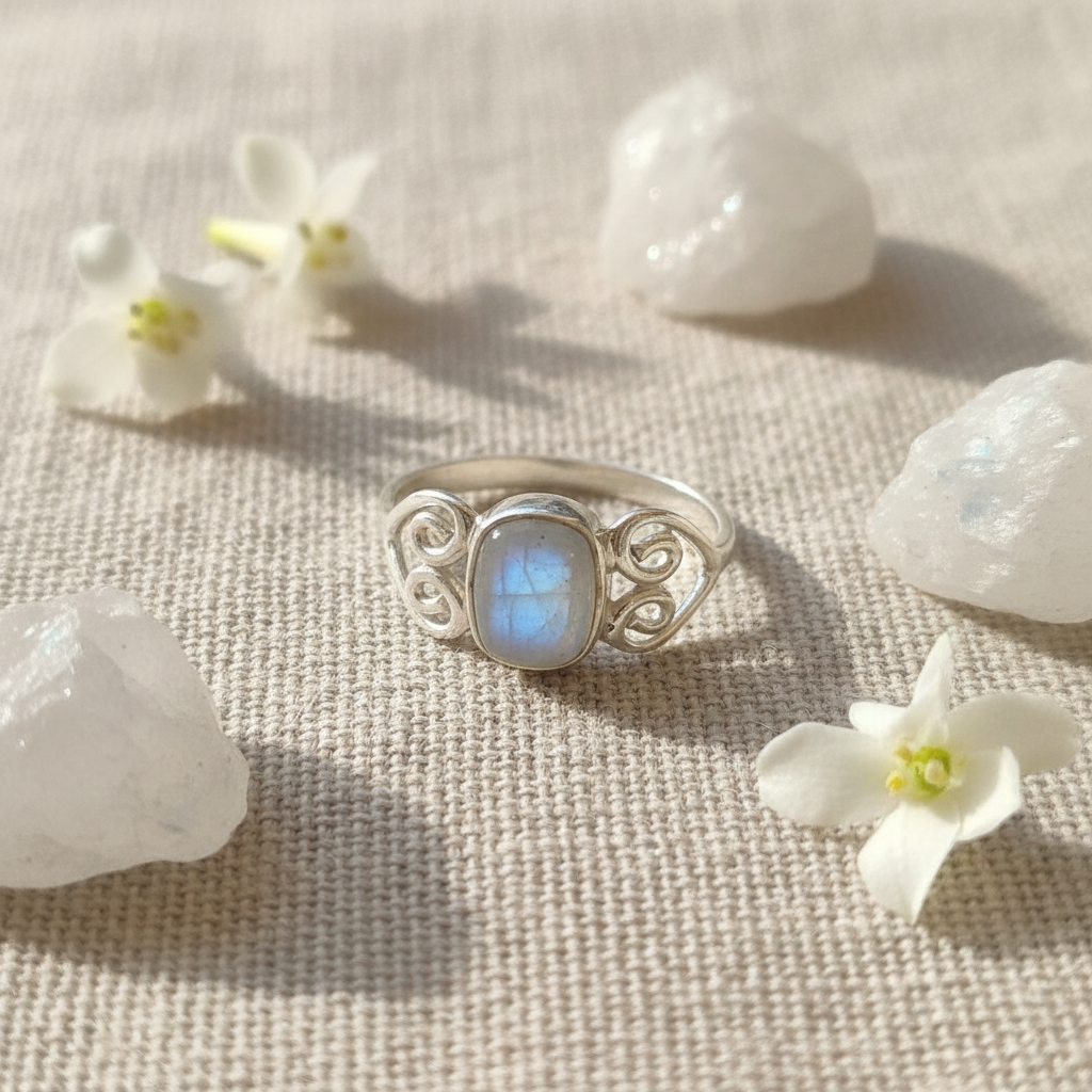 Anello labradorite bianca argento con fiori e cristalli