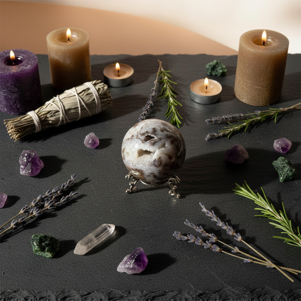Sfera Sphalerite flat lay ardesia con cristalli e candele