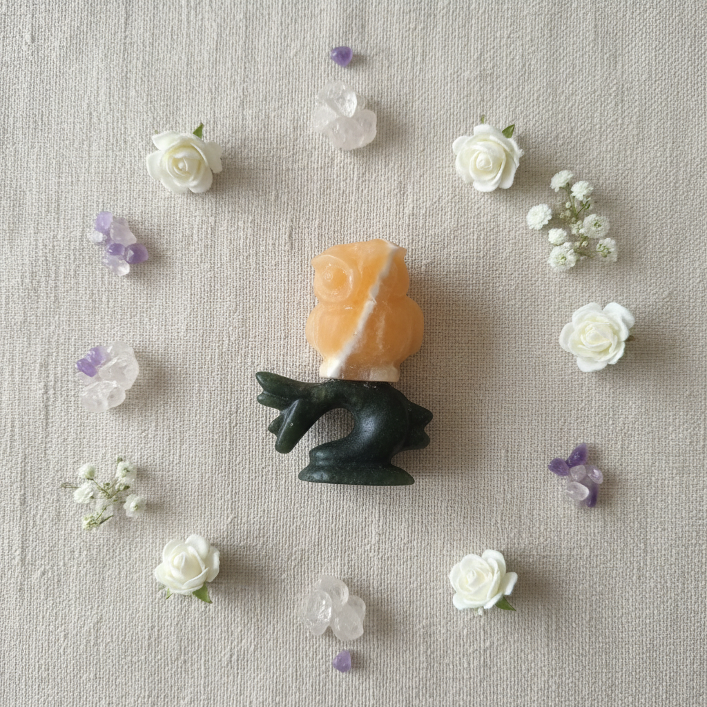 Gufo calcite gialla su ramo giada verde - fiori e cristalli