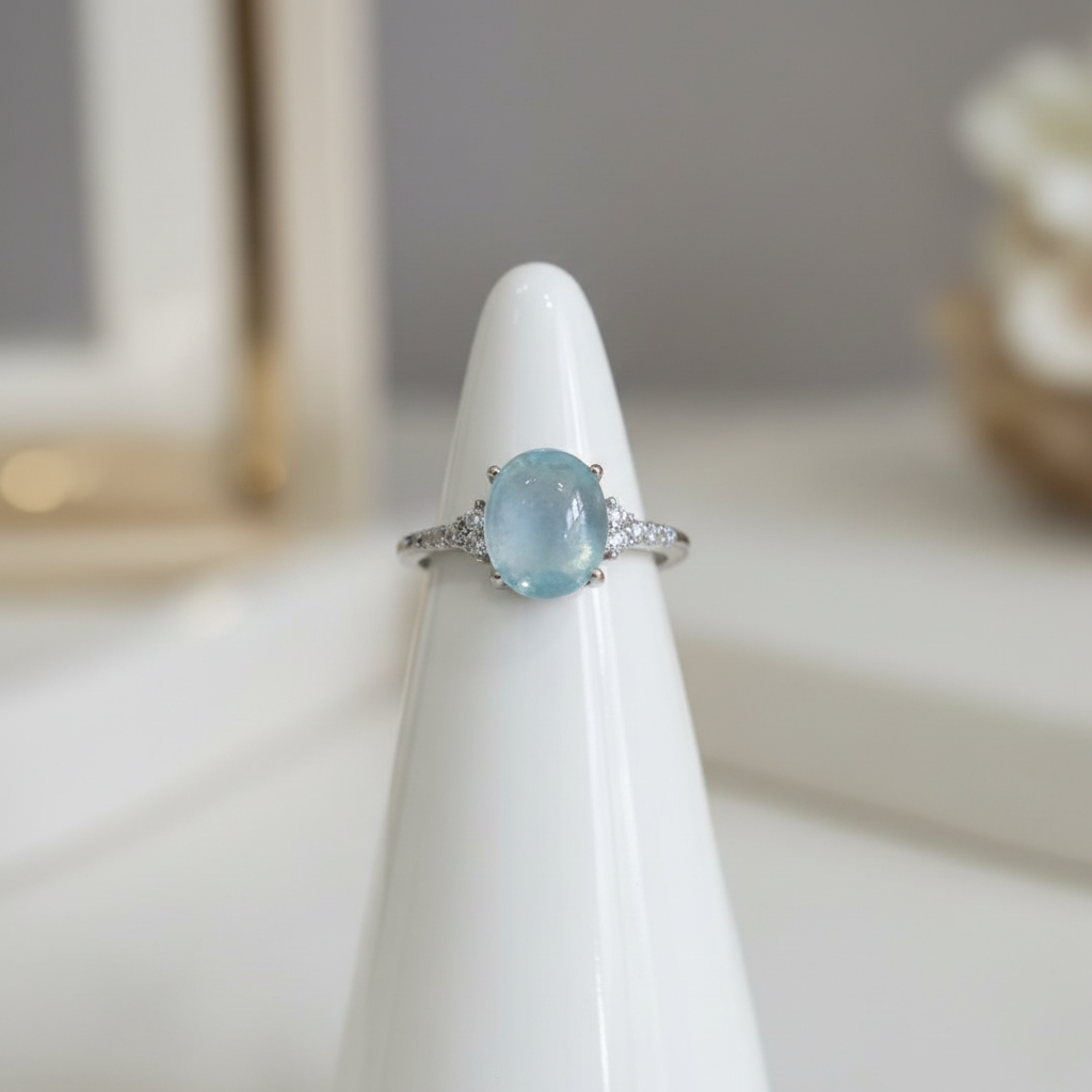 Anello acquamarina su porta-anello in ceramica