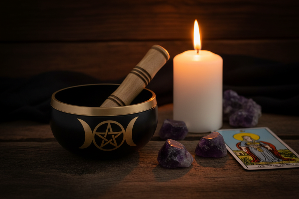 Campana tibetana con candela bianca e tarocchi