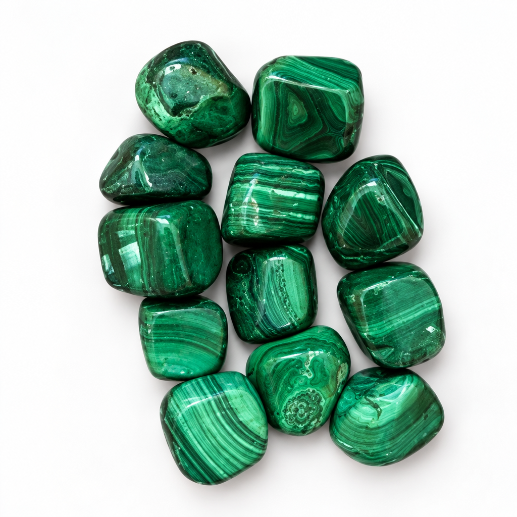 Gruppo di pietre di malachite burattata su fondo bianco
