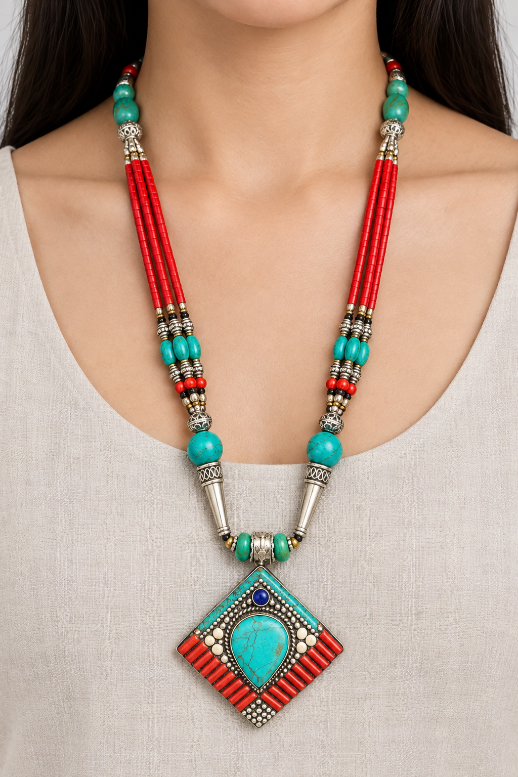 Collana Khampa tibetana indossata