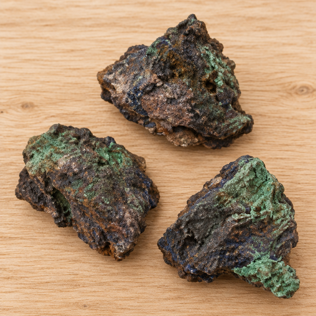 Campioni di malachite e azzurrite su legno