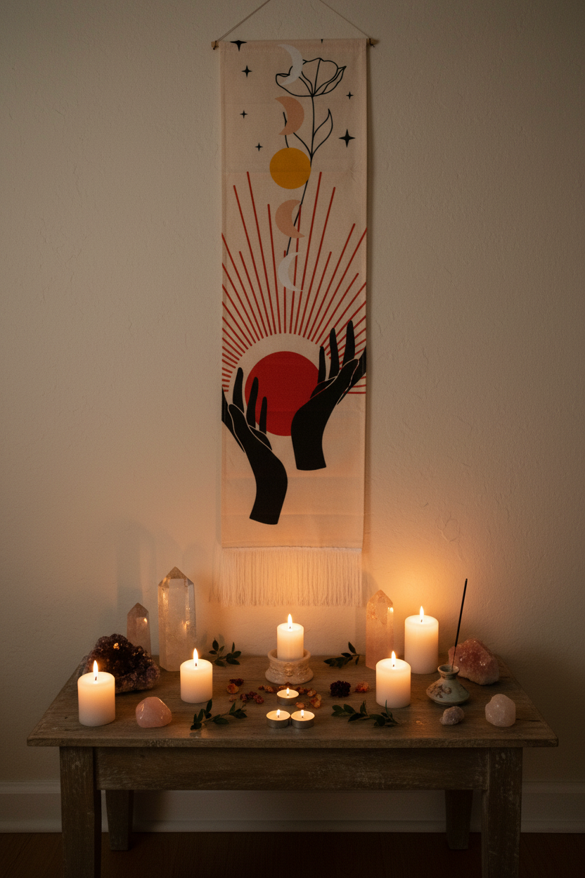 Arazzo mani e sole - backdrop altare meditazione