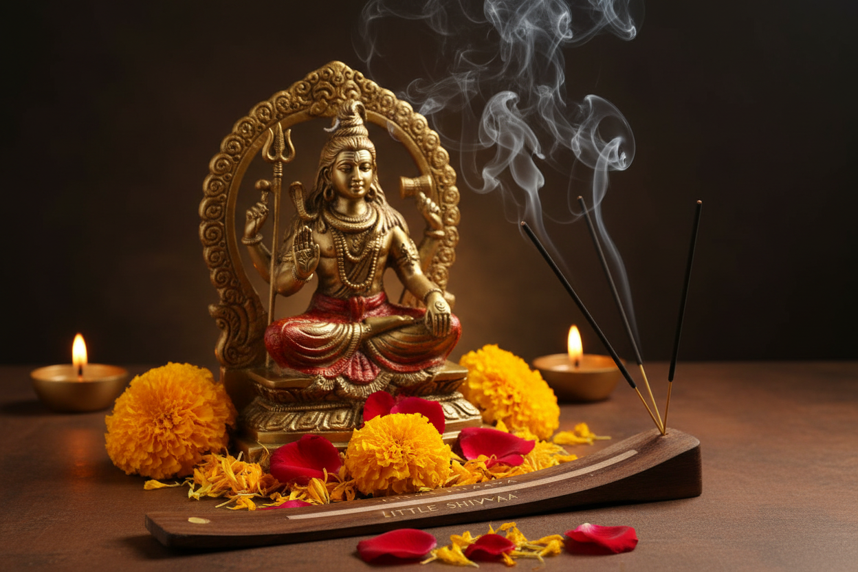 Incenso Little Shivaa acceso con statua Shiva e fiori