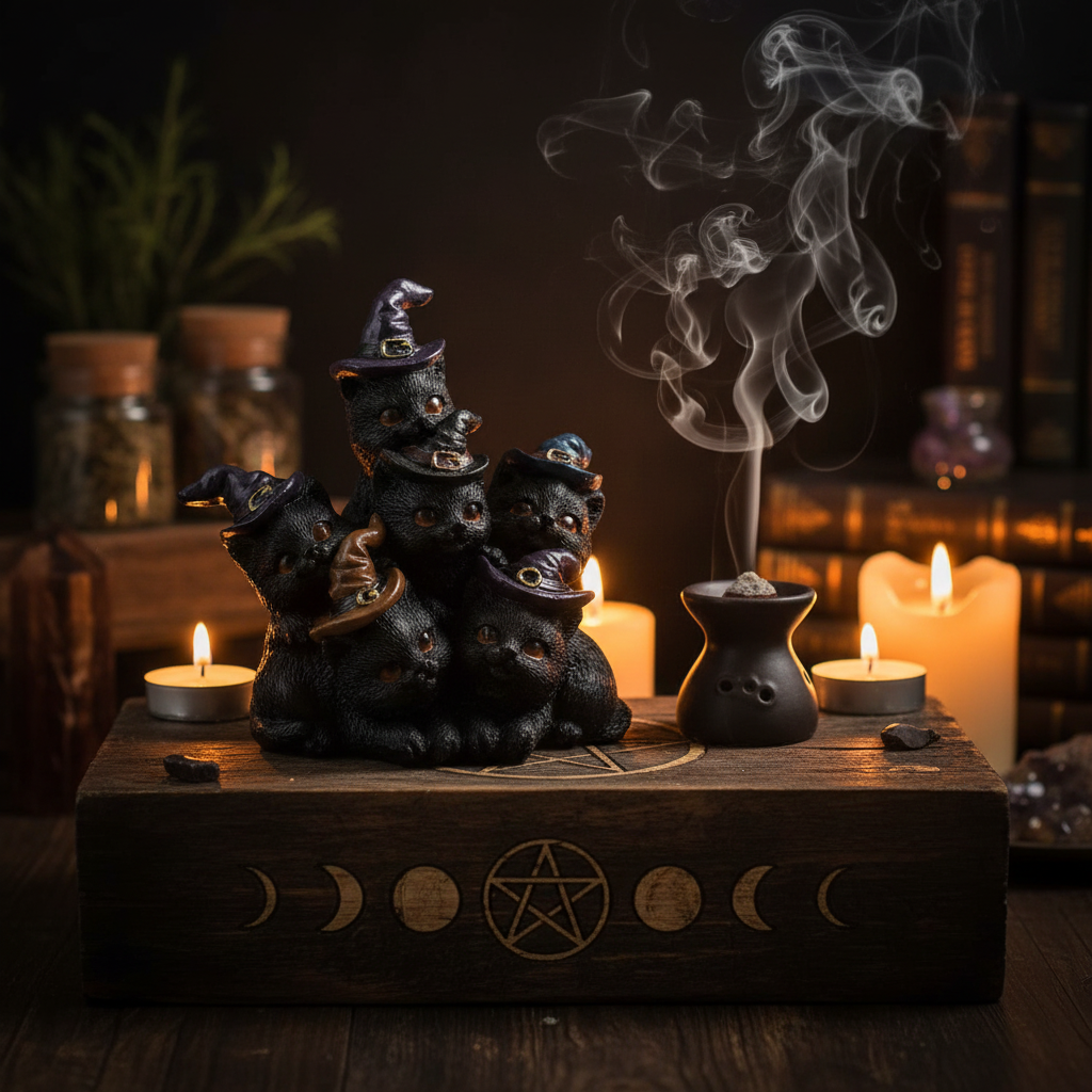 Statuina famiglia di gatti Wicca su altare con pentacolo e incenso