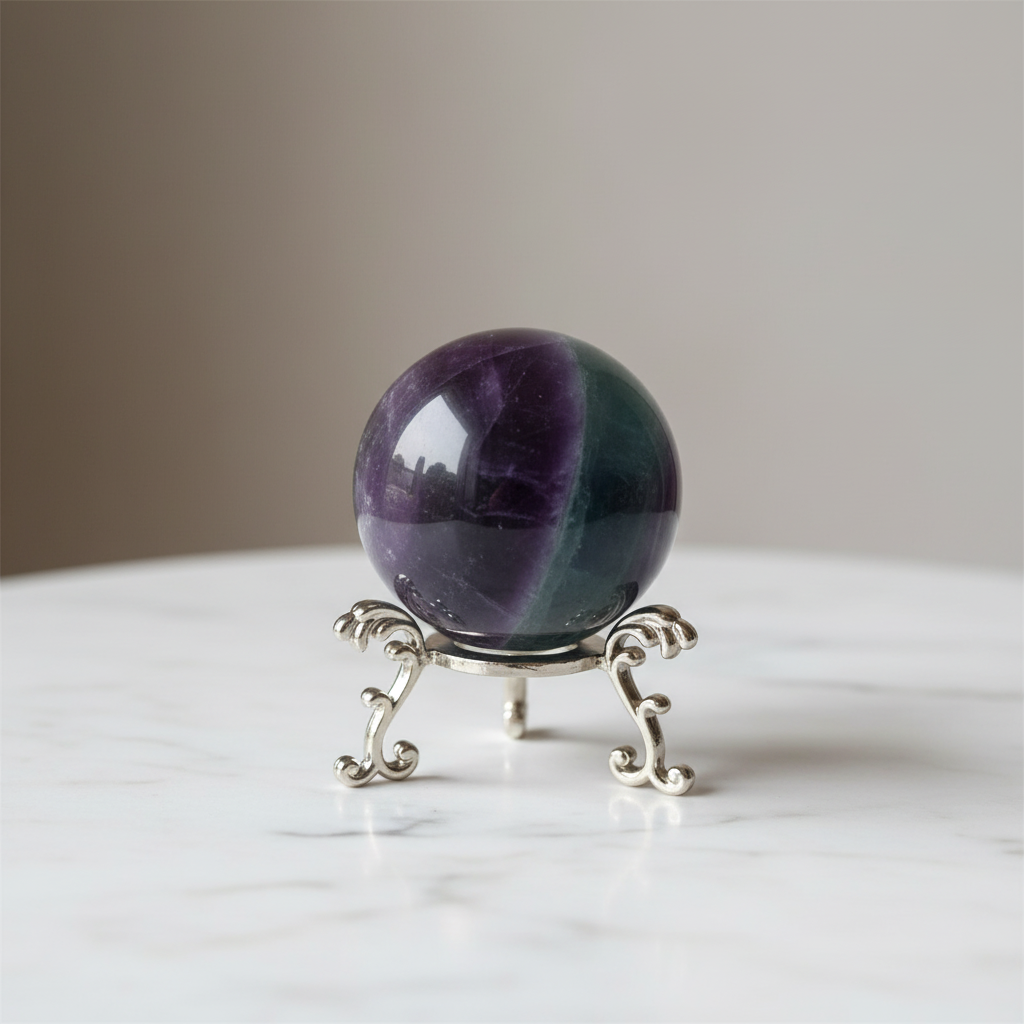 Sfera Fluorite Rainbow su supporto marmo