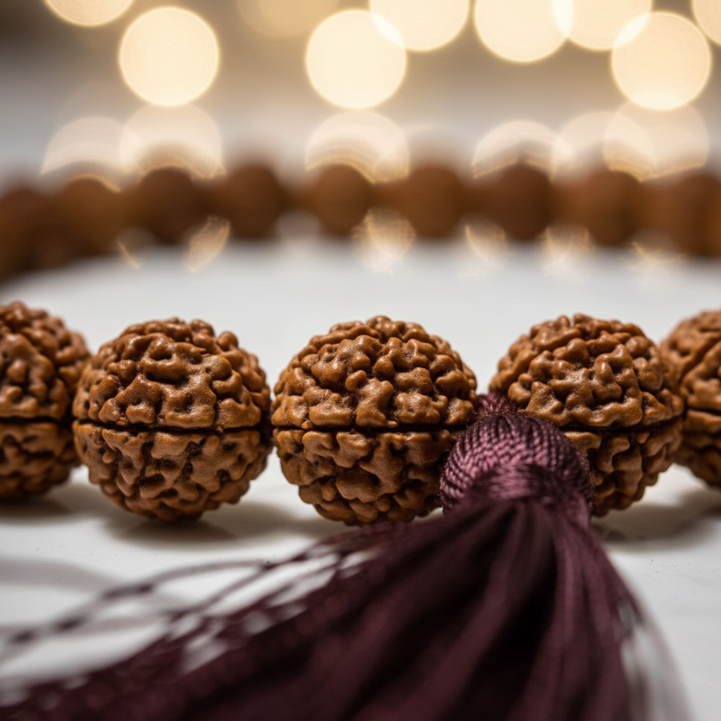 Japamala rudraksha macro close-up
