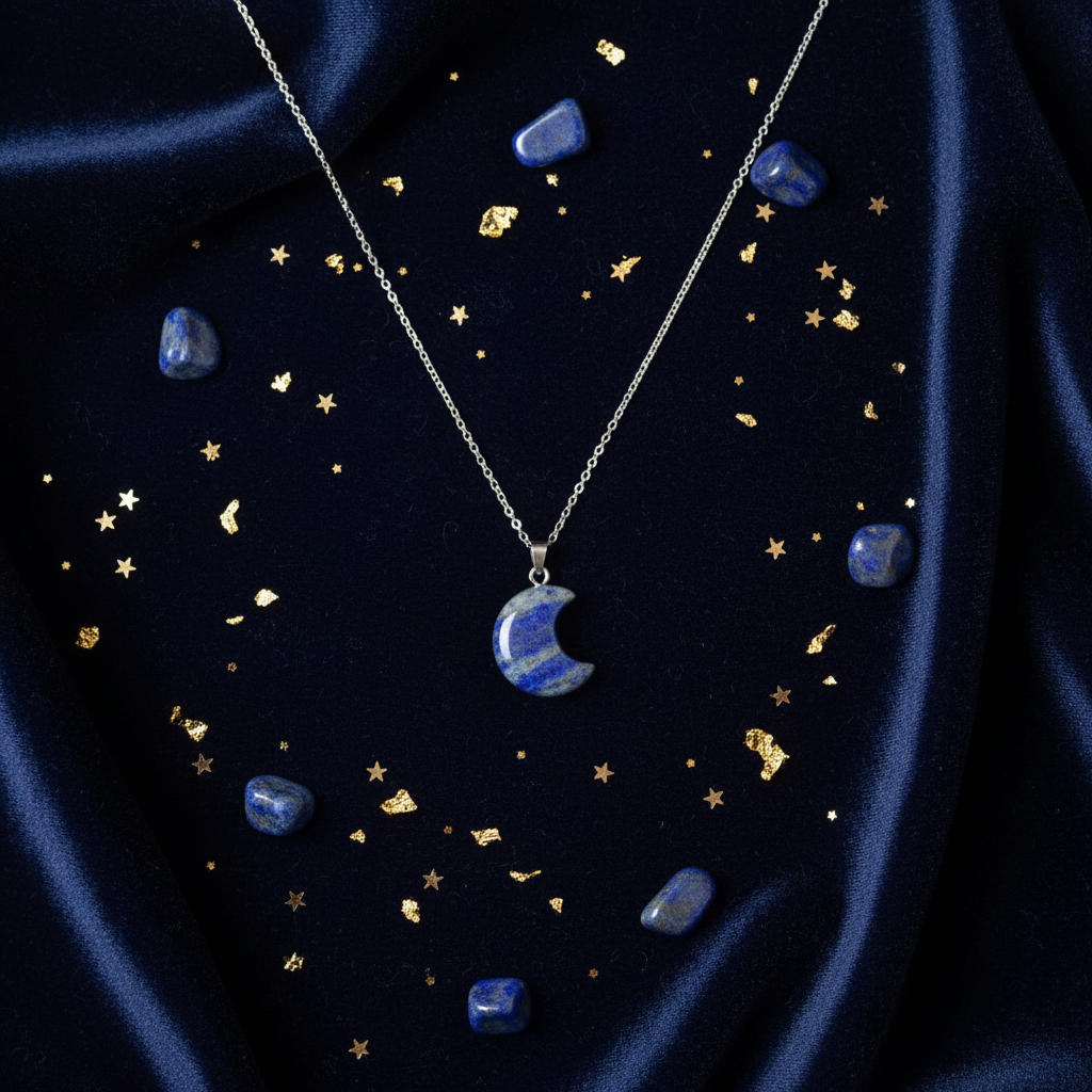 Collana Luna Lapislazzuli flat lay velluto blu con stelle dorate
