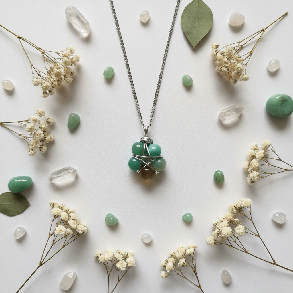 Collana Pentacolo Crisoprasio - composizione con fiori e cristalli