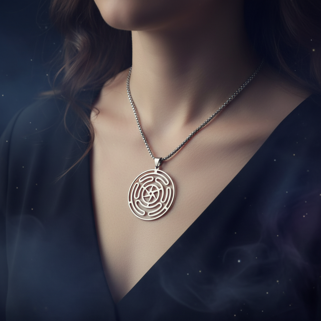 Collana Ruota di Ecate indossata modella