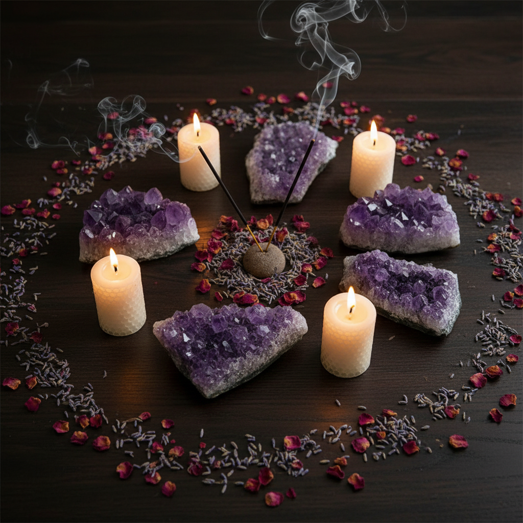 Drusa ametista grezza - composizione rituale candele