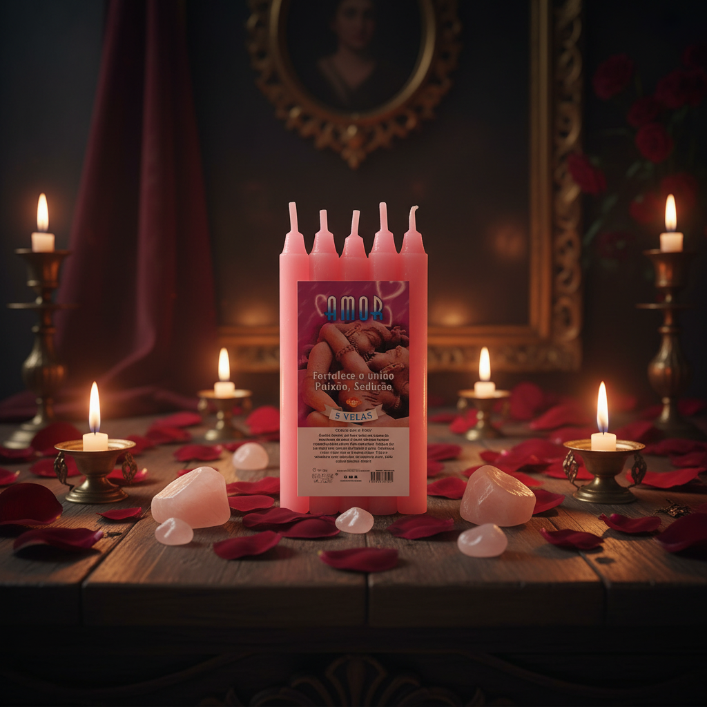 Candele rituali amore su altare romantico con petali di rosa e quarzo rosa
