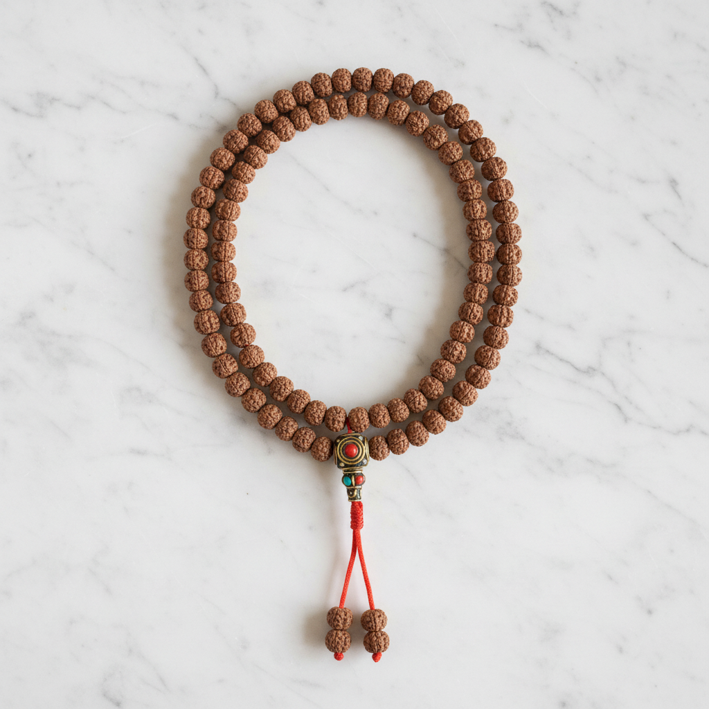Japamala rudraksha guru bead tibetana dorata - flatlay marmo bianco
