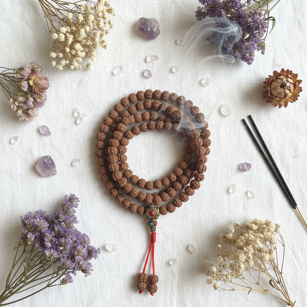 Japamala rudraksha guru bead tibetana dorata - composizione fiori e cristalli