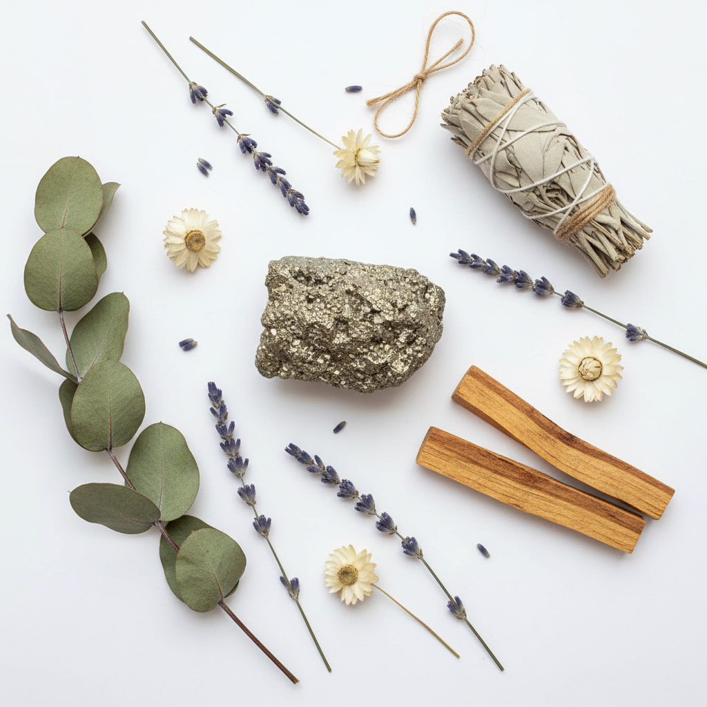 Pirite grezza - composizione con fiori secchi e salvia