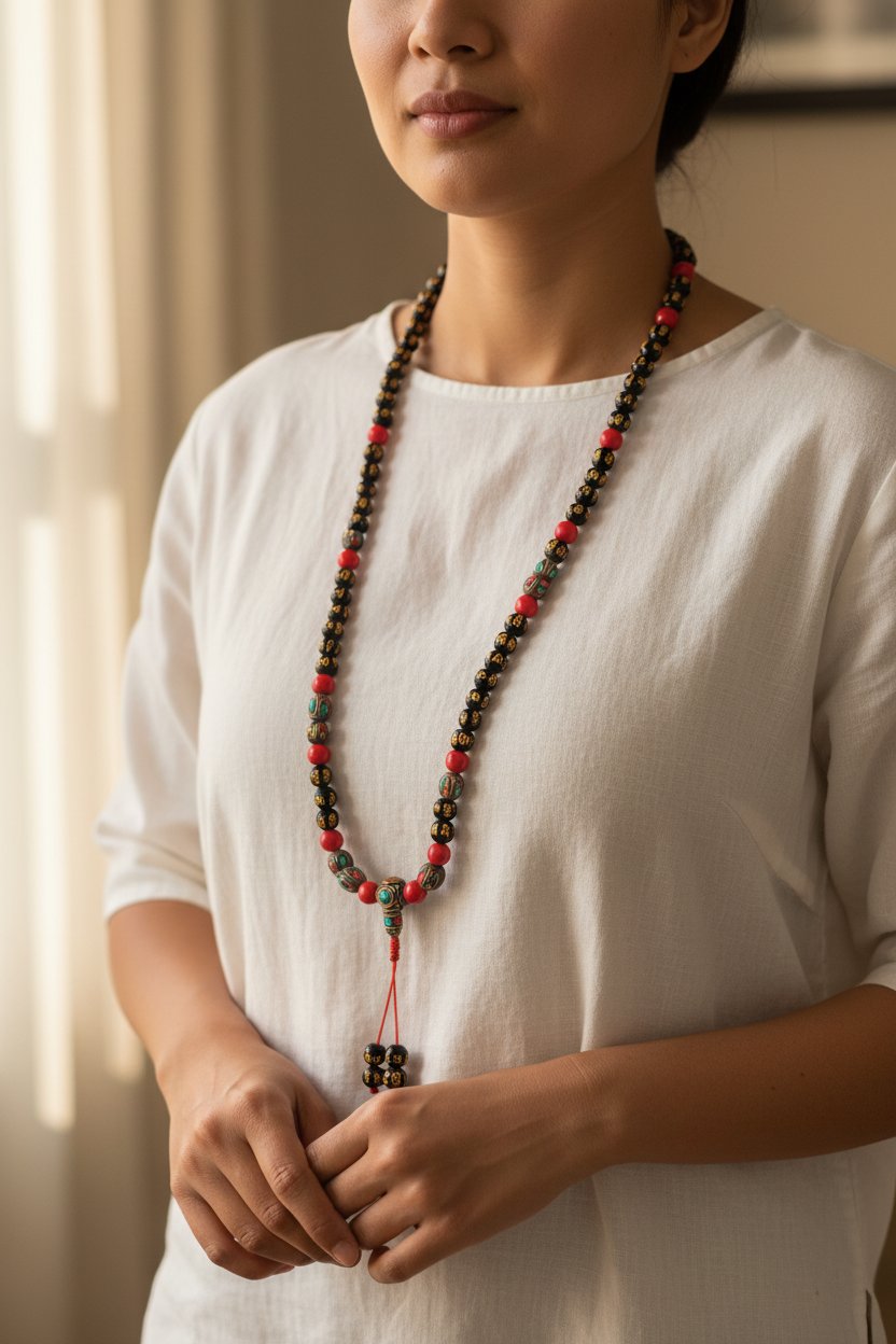Japamala agata nera con mantra Om tibetano indossato come collana lunga