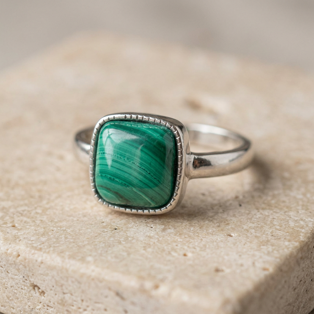 Anello 308 con malachite su pietra chiara