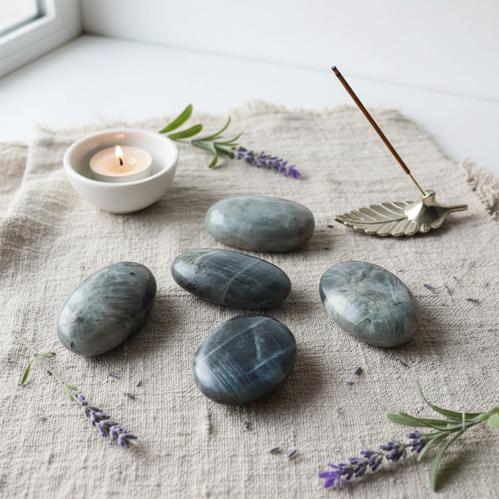 Palmstone labradorite chiara - lifestyle su lino