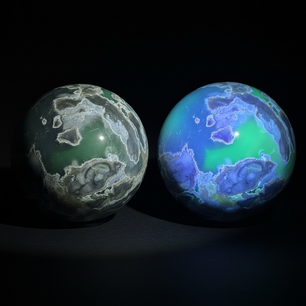 Sfera in Agata Vulcano - confronto luce normale vs UV