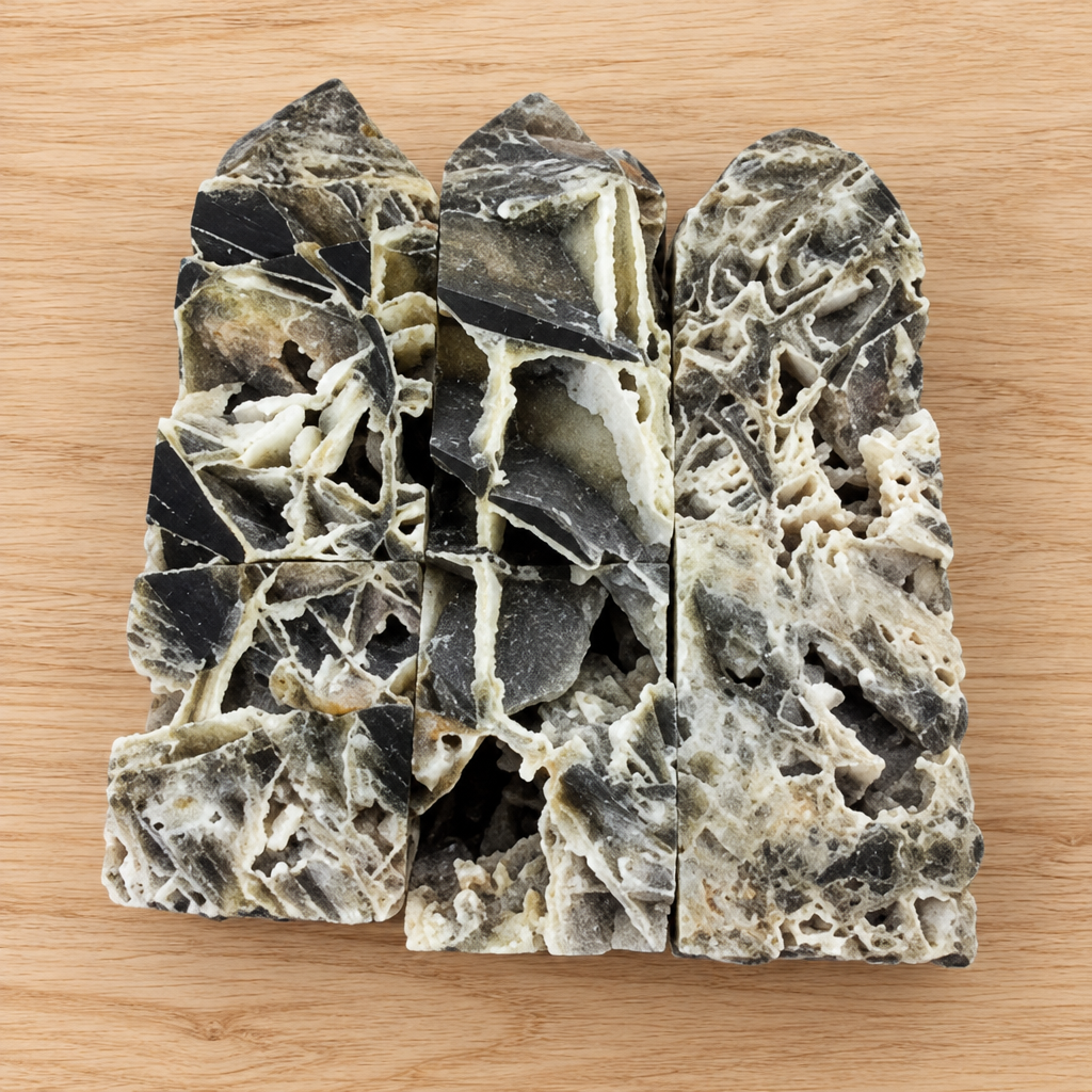 Obelischi in sphalerite su legno