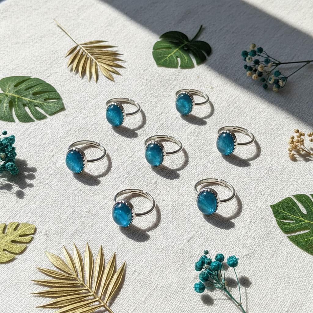 Anello apatite flat lay con foglie tropicali