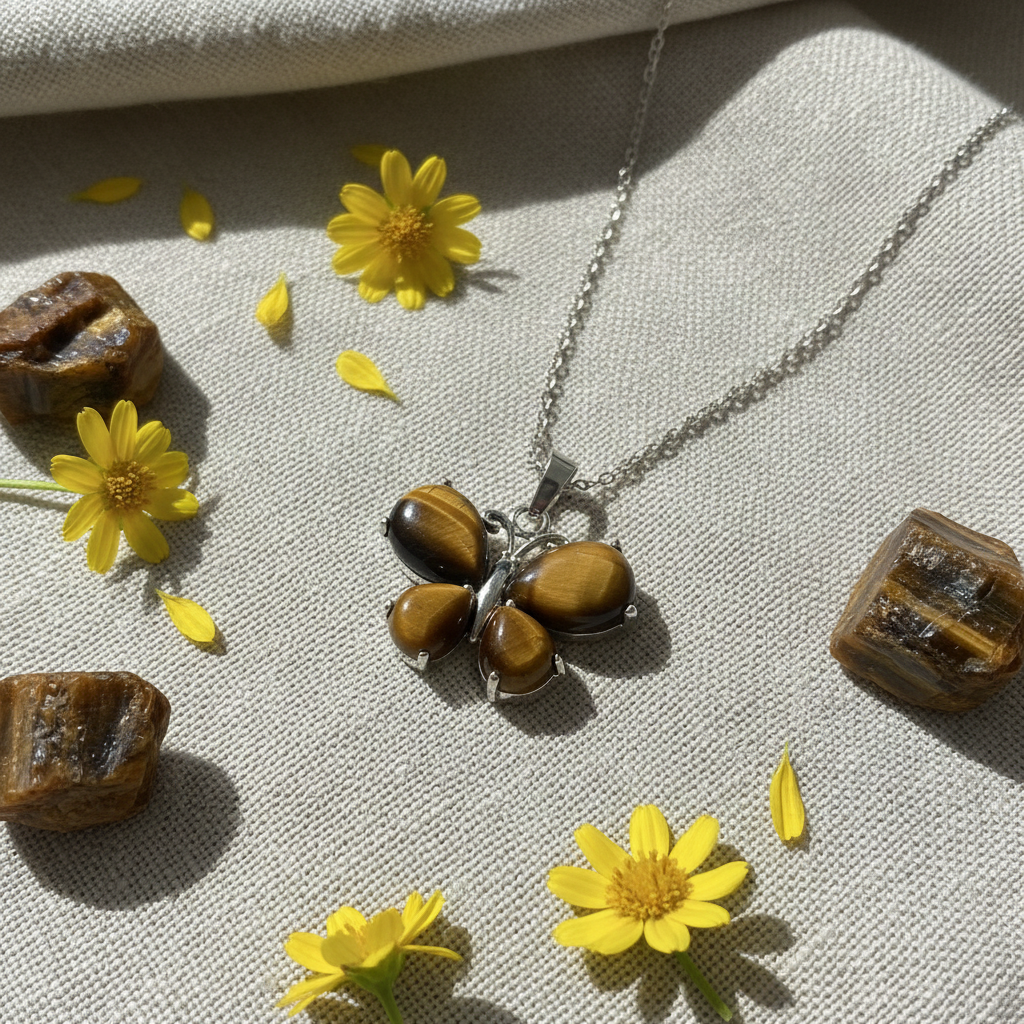 Collana farfalla occhio di tigre silver con fiori e cristalli