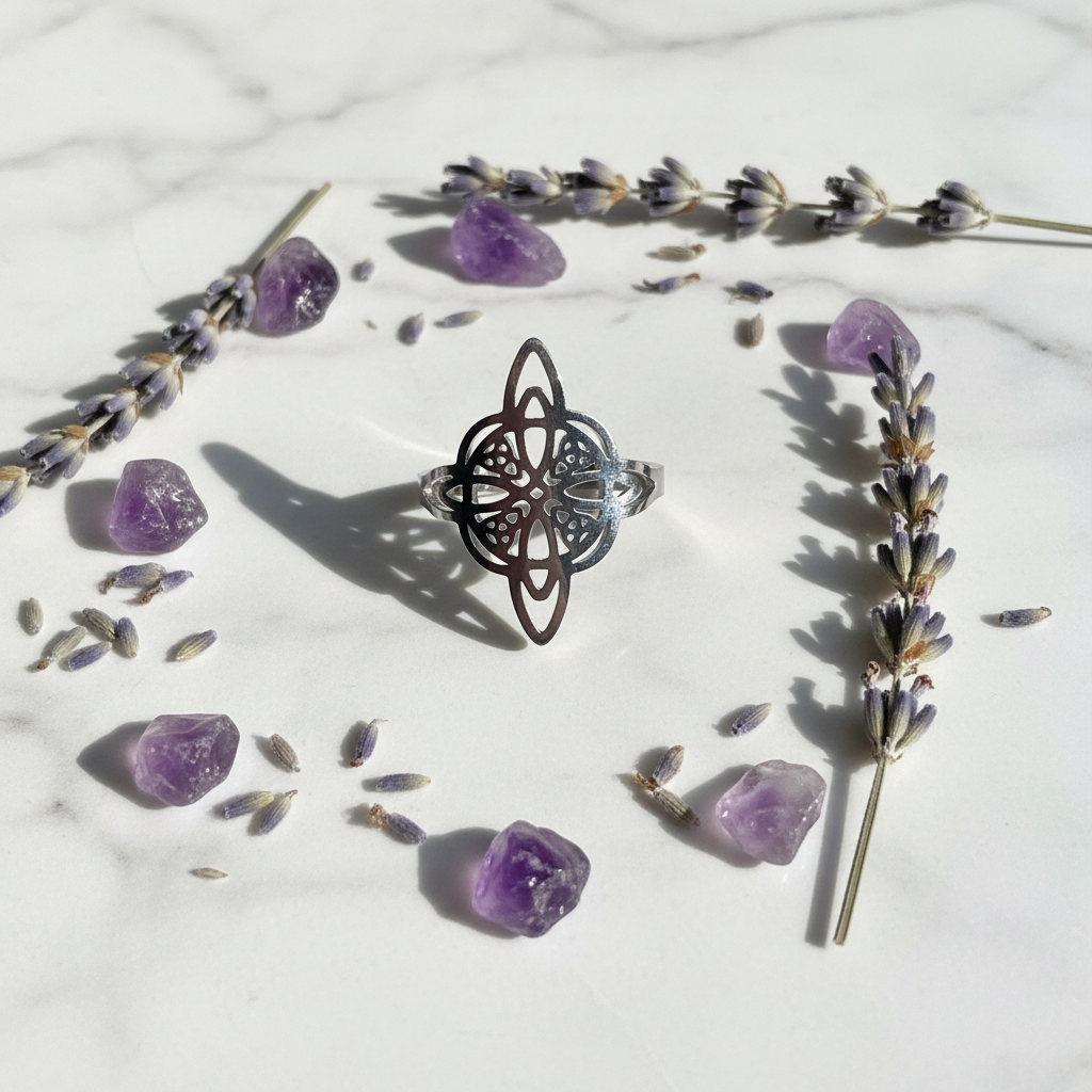 Anello nodo della strega in acciaio inox - marmo con ametiste