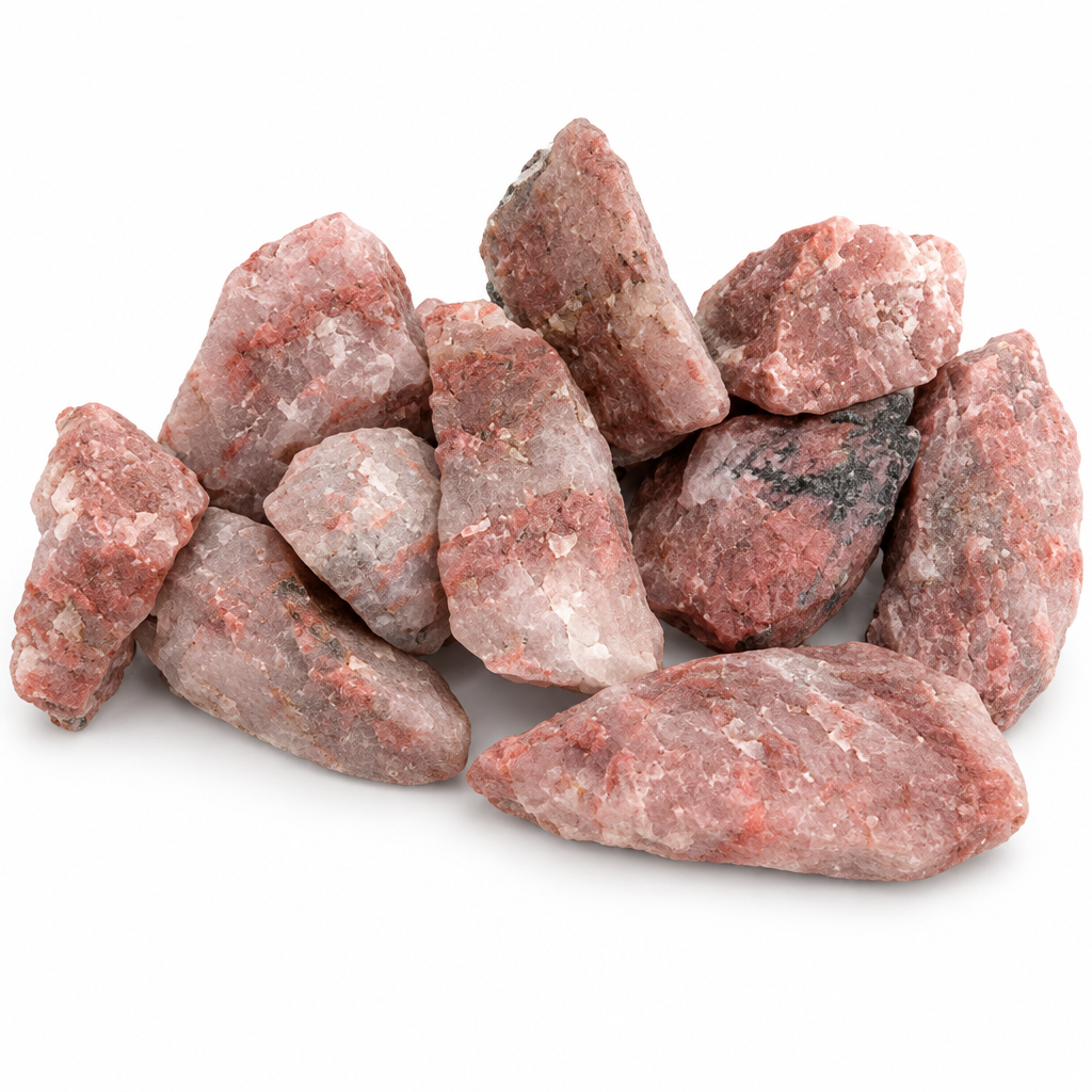 Pietre grezze rosa su sfondo bianco