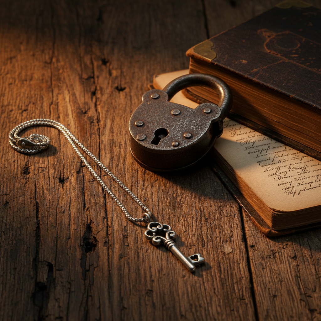Collana Chiave Gotica con Cuore - legno scuro con lucchetto e libro