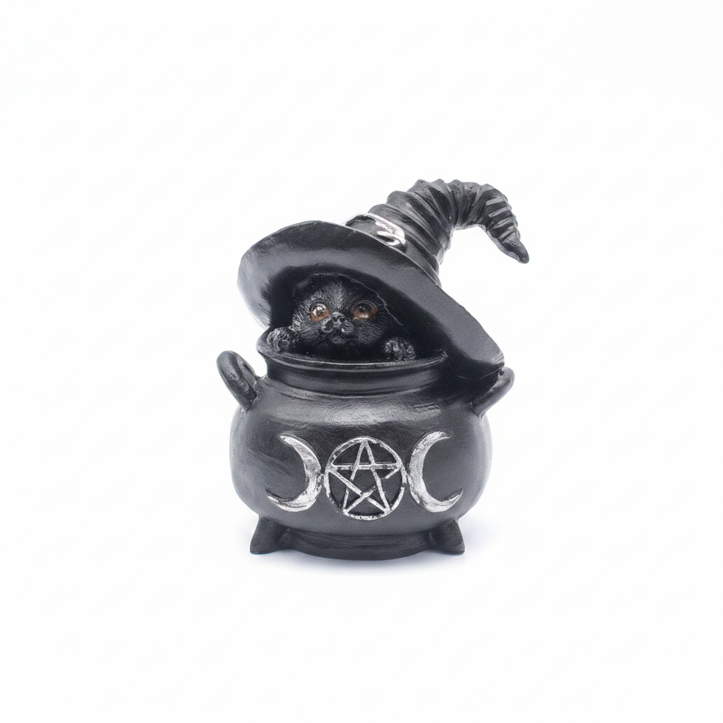 Statuina gatto Wicca con cappello nero in resina su sfondo bianco
