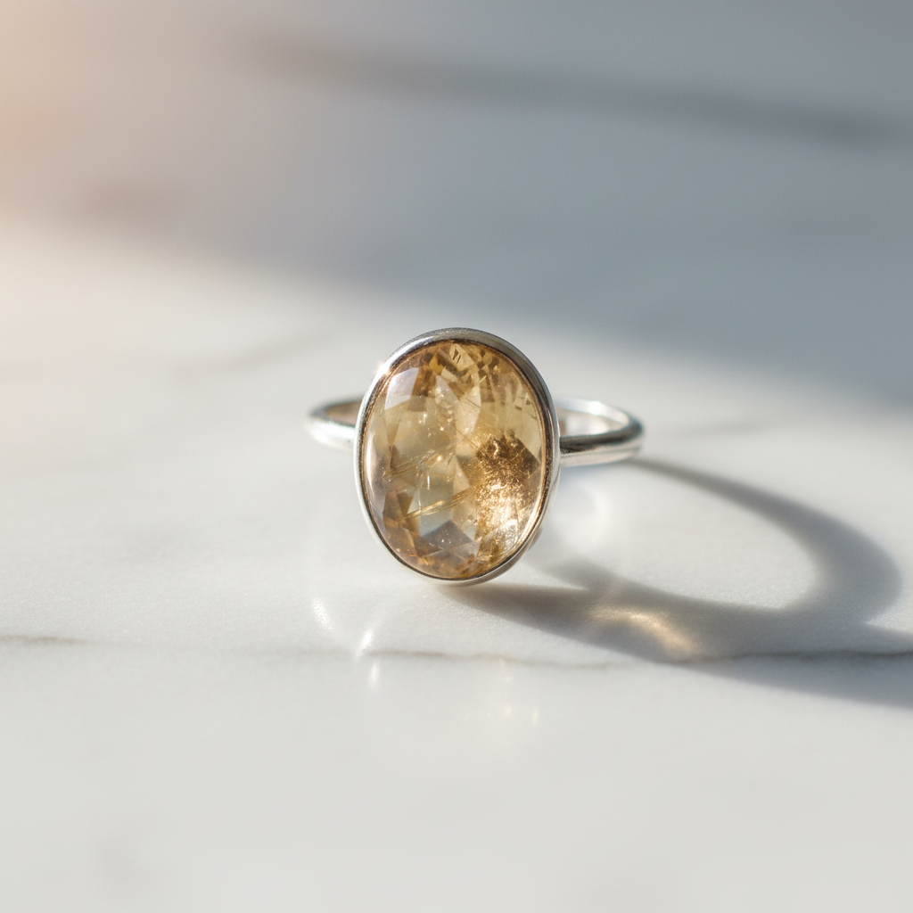 Anello golden quartz su marmo bianco