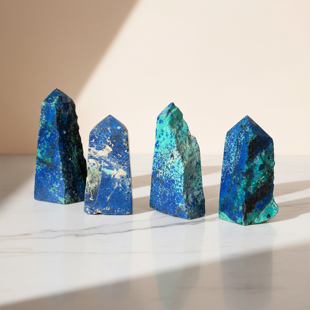 Torri di azzurrite e malachite su sfondo marmo bianco