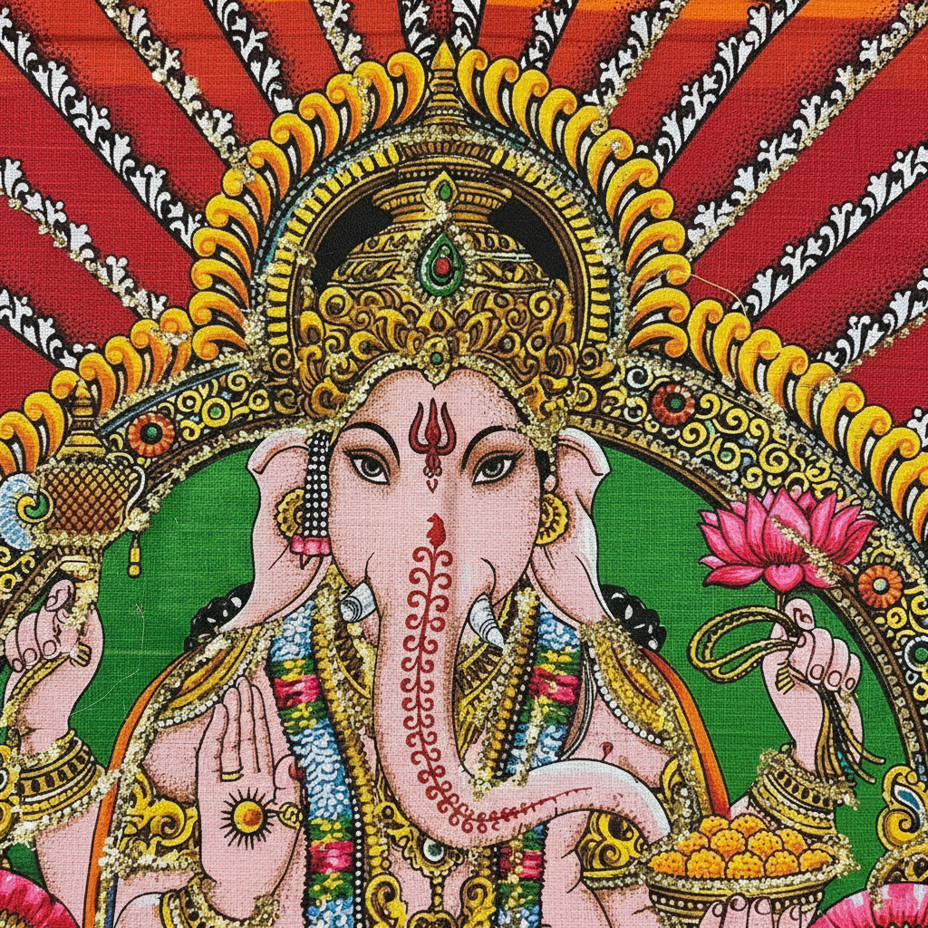 Dettaglio volto Ganesha con corona dorata