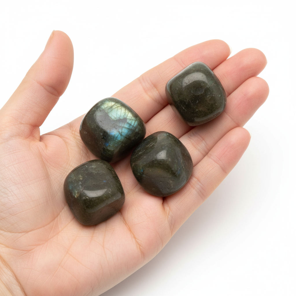 Mano che tiene labradorite tumbled