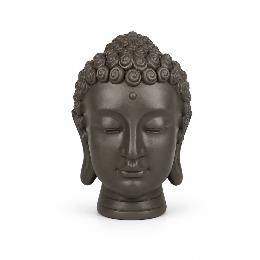 Testa di Buddha in resina su fondo bianco