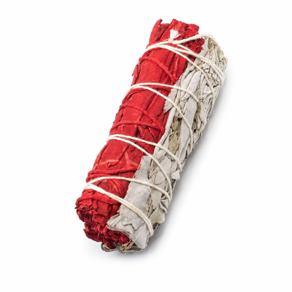 Torcia singola di salvia bianca e sangue di drago su fondo bianco
