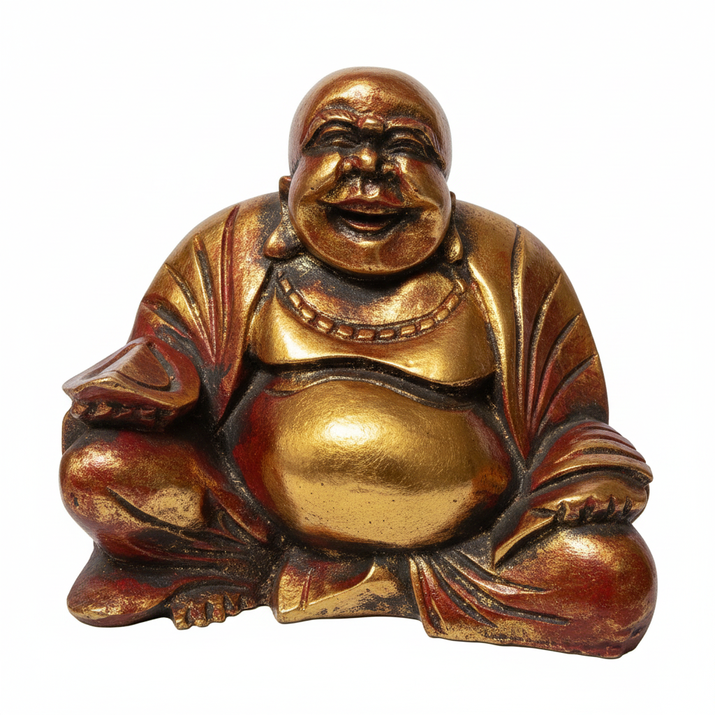 Buddha ridente grande legno dorato rosso - sfondo bianco studio