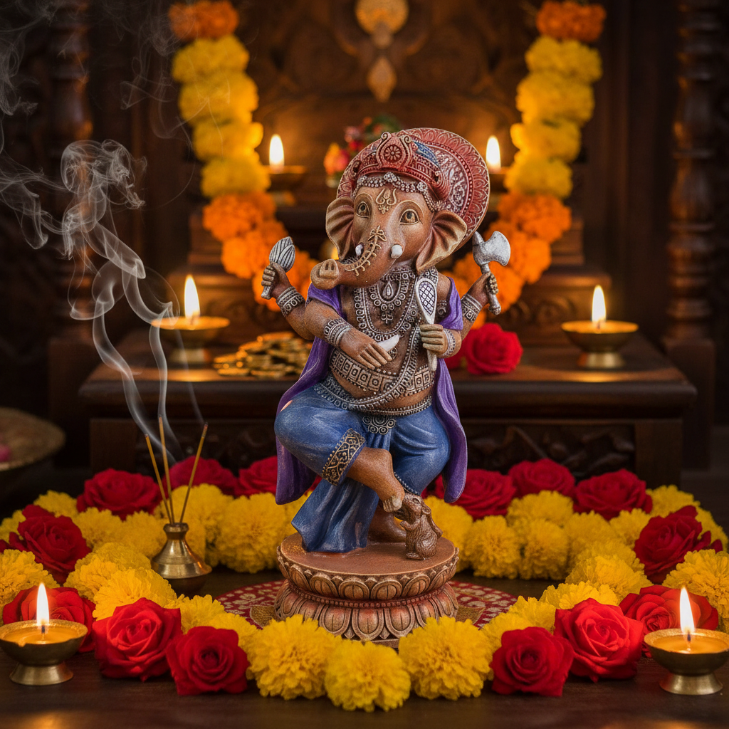 Statua Ganesha danzante su altare con calendula e incenso