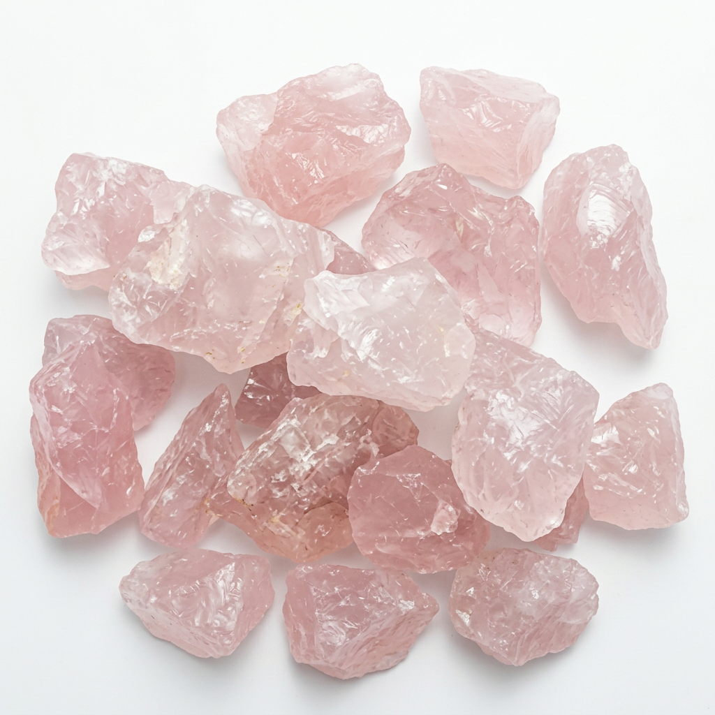 Quarzo rosa grezzo su fondo bianco