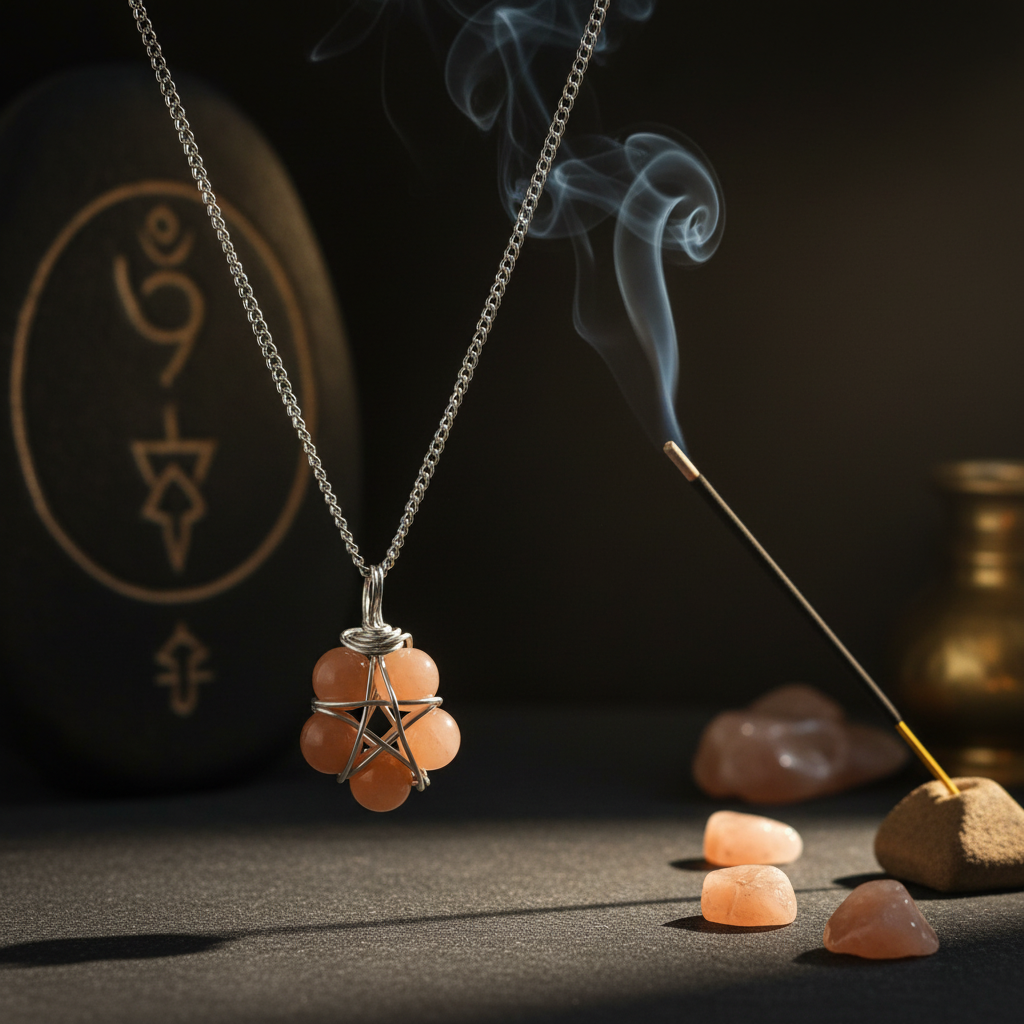 Collana Pentacolo Pietra di Luna Pesca - con incenso e fumo