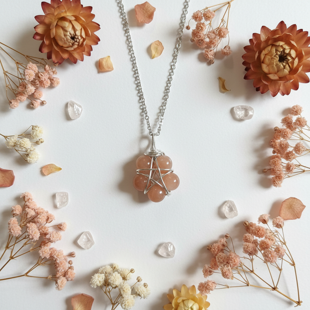 Collana Pentacolo Pietra di Luna Pesca - composizione con fiori e cristalli