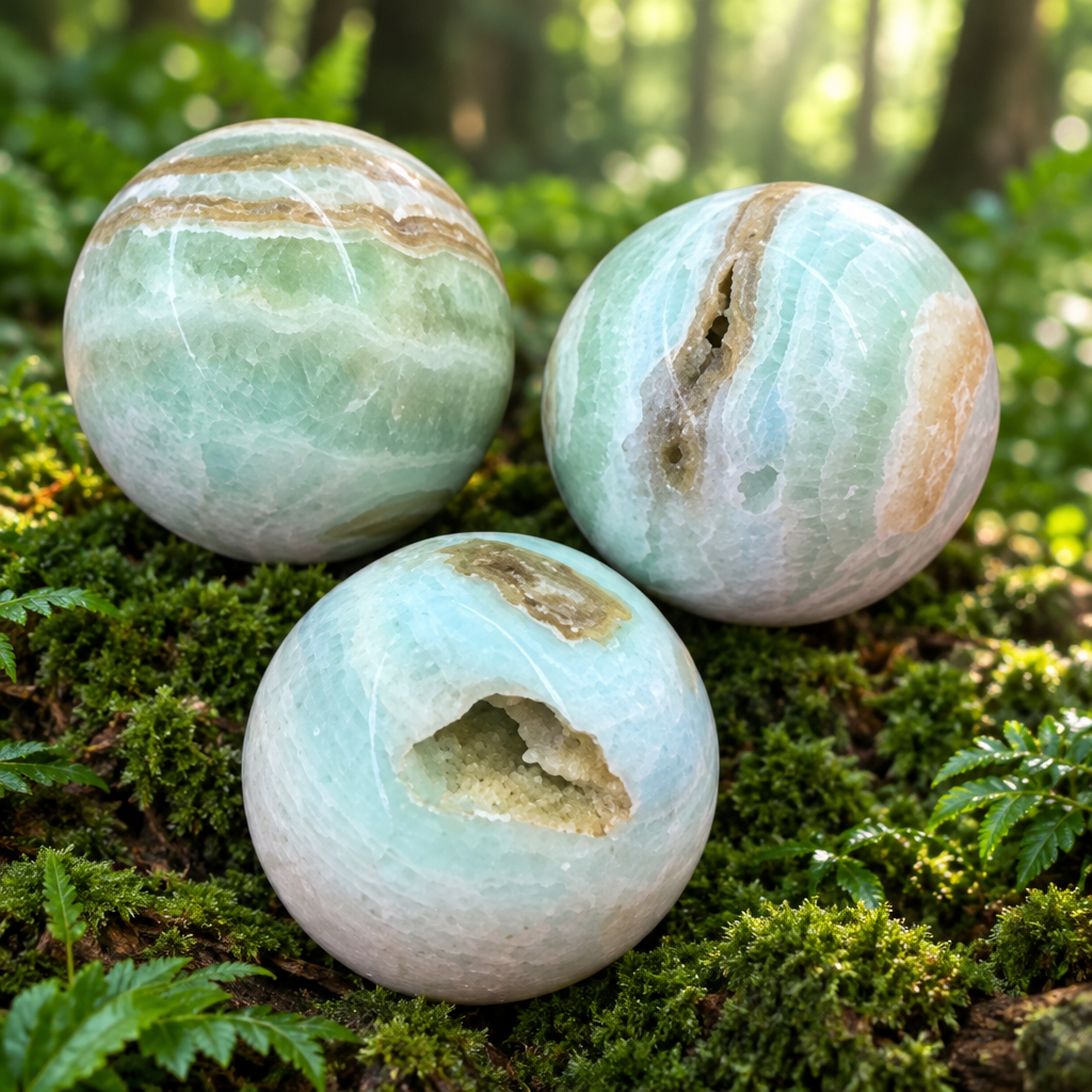 Sfere in calcite caraibica su verde bosco