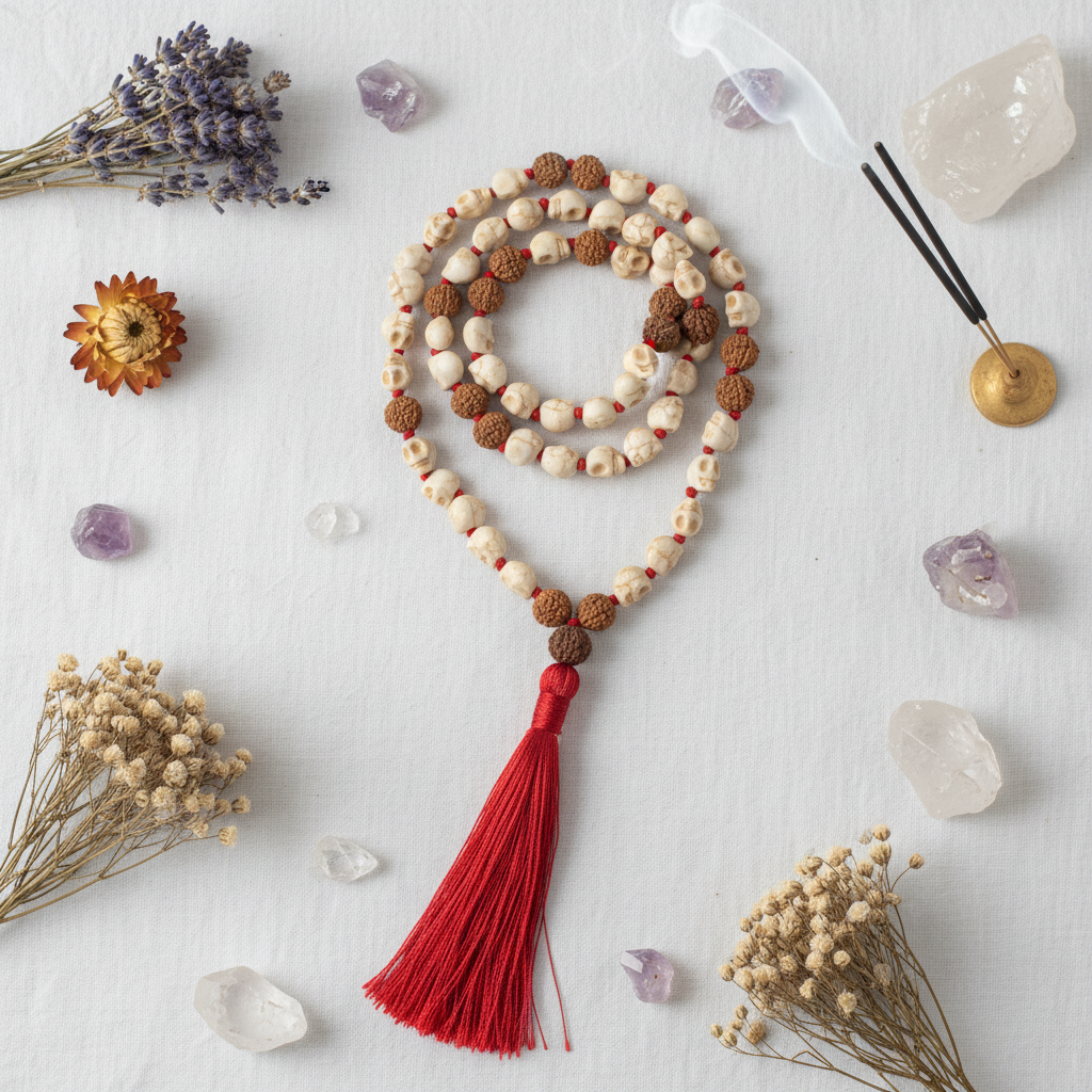 Japamala teschio howlite rudraksha - composizione fiori e cristalli