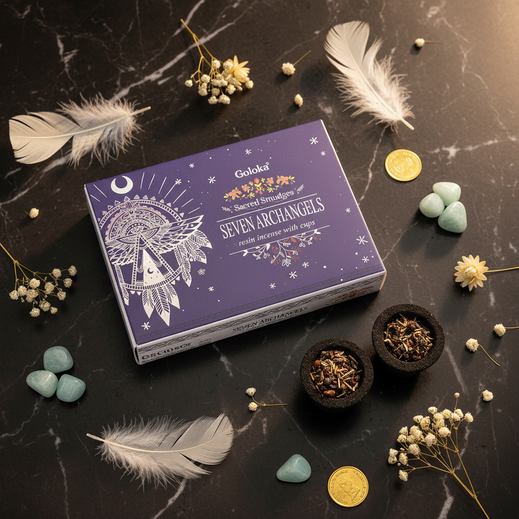 Flatlay scatola Seven Archangels con coppette piume e angelite