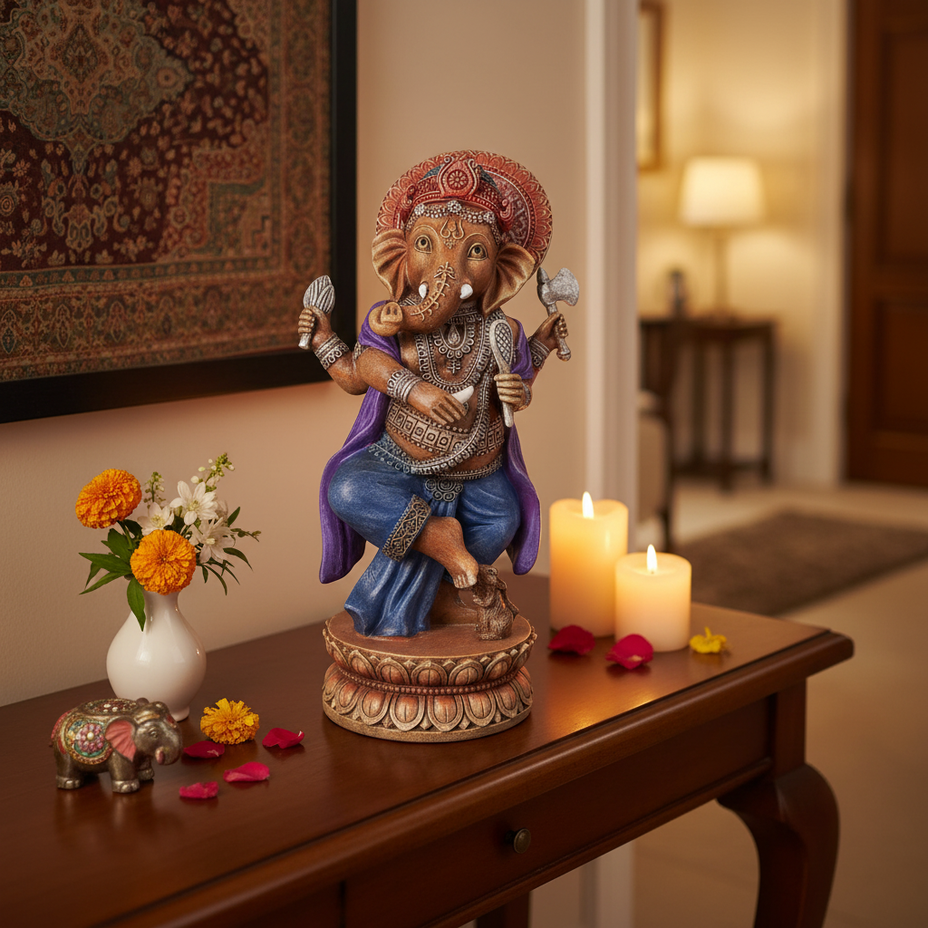 Statua Ganesha danzante su consolle ingresso casa