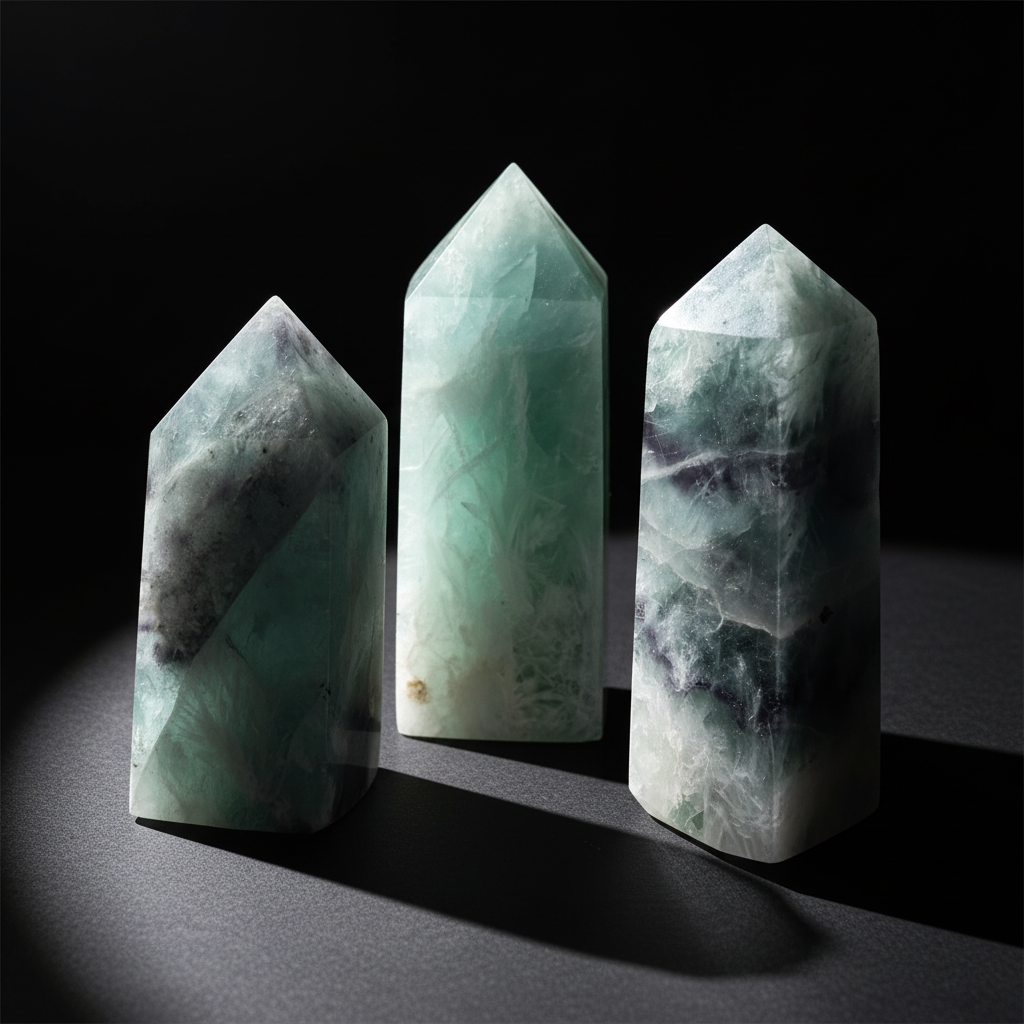 Torri di fluorite verde su sfondo nero
